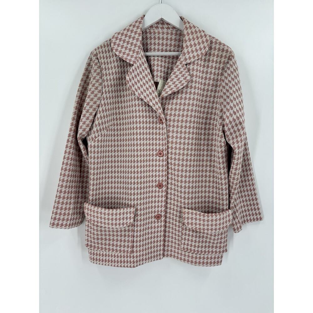 Vintage Ina Carol Jacket Womens 18 Pink White Houndstooth Blazer Single Breasted